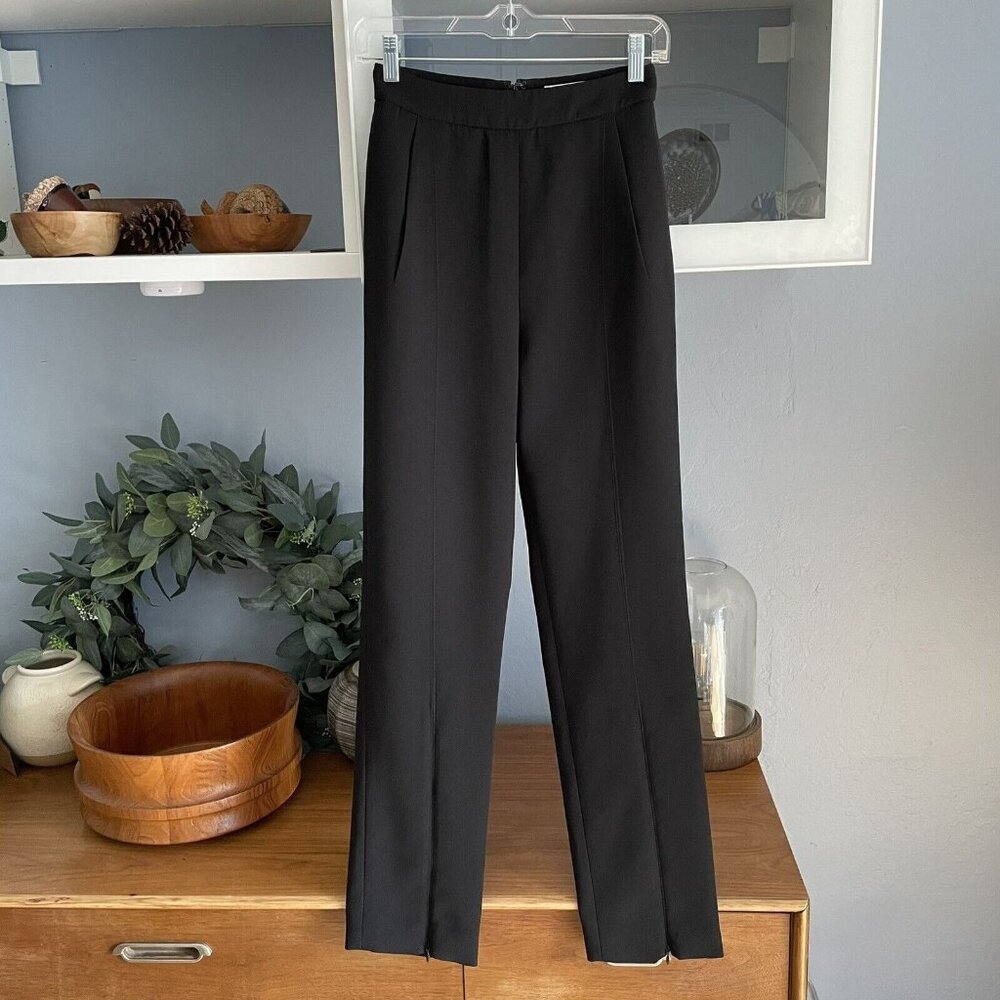 Self Portrait Crepe Front Zip Split Trousers Slim Pants Pleats Black Size Us 2